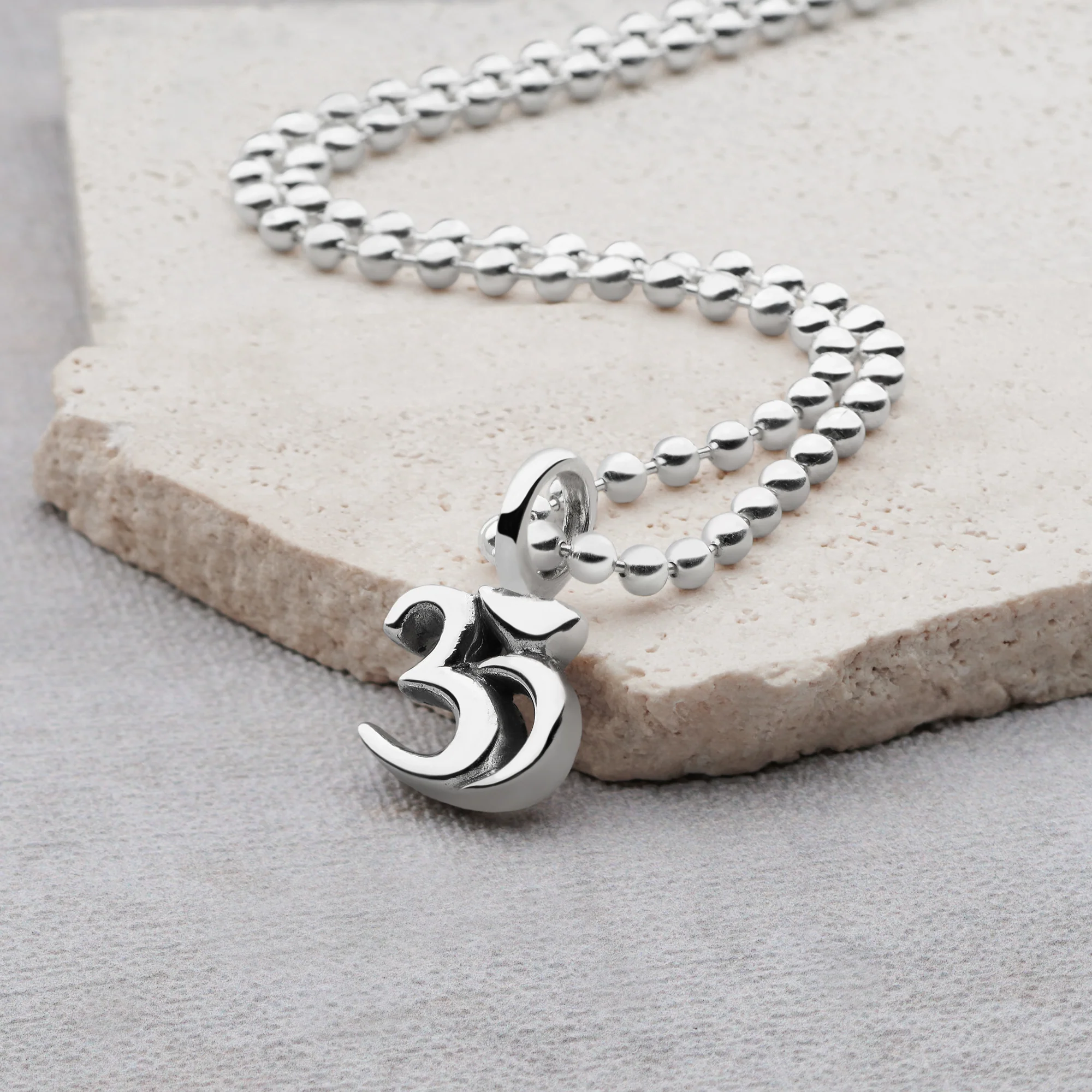 Silver Om Pendant 65cm Ball Chain - Image 2